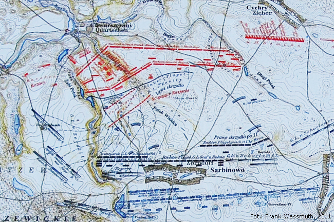 Plan der Schlacht von Zorndorf (Sarbinowo), Preußische Truppen blau, russische rot.